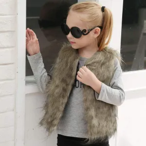 Kid Baby Girl Faux Fur Waistcoat Thick Coat Warm Fall Winter Plush Vest Pocket Outerwear Tops 3-8T