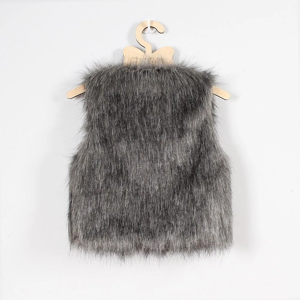 Kid Baby Girl Faux Fur Waistcoat Thick Coat Warm Fall Winter Plush Vest Pocket Outerwear Tops 3-8T