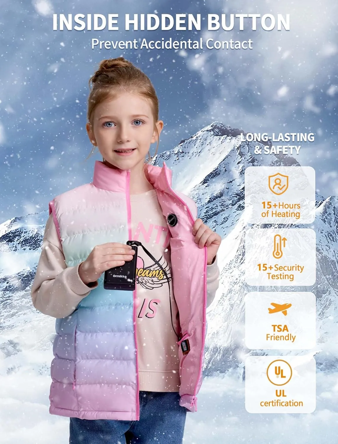 Kids Heated Vest with Battery Pack - 7.4V Rechargeable Lightweight Heated Vest, Boys Girls Electric Heated Coat