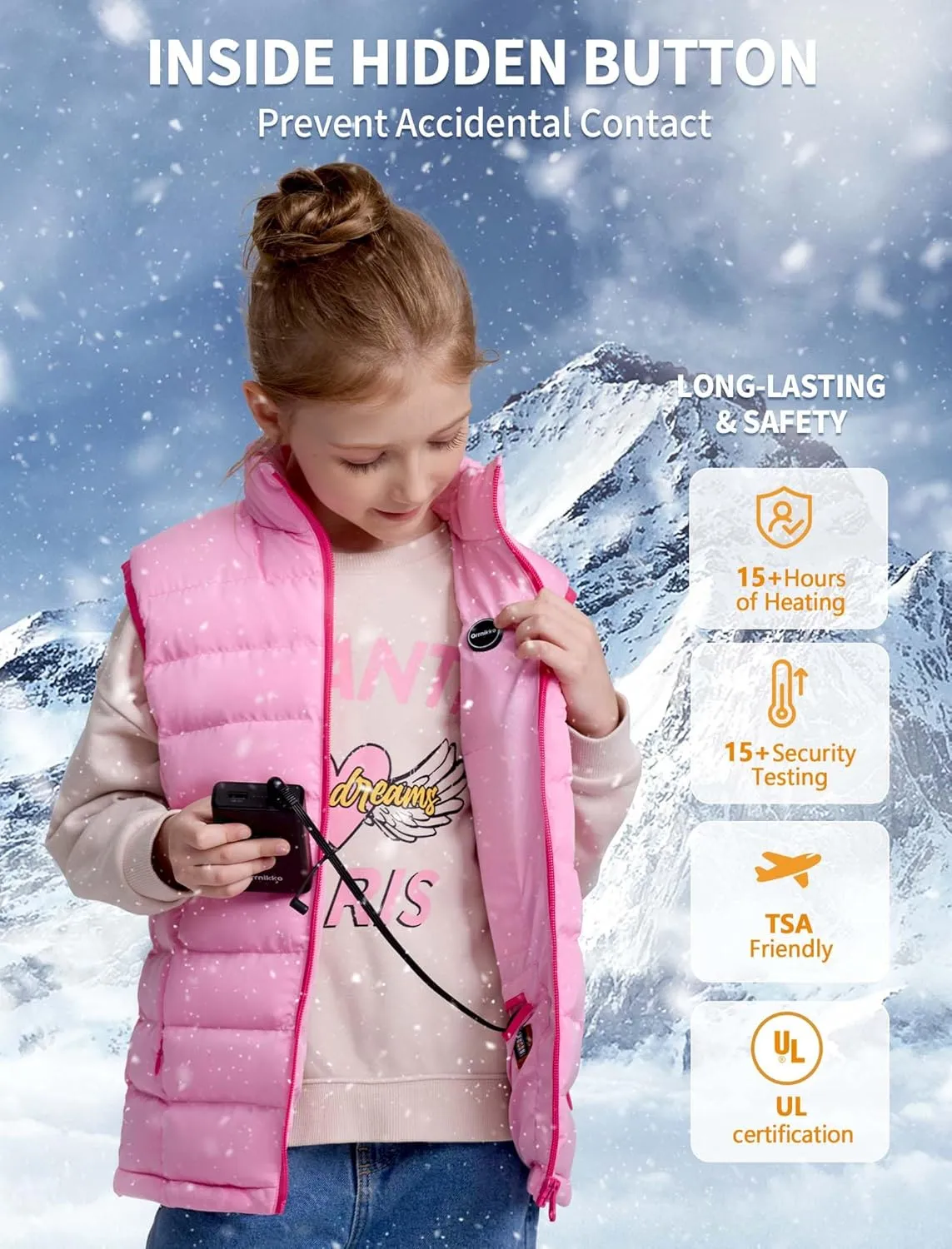 Kids Heated Vest with Battery Pack - 7.4V Rechargeable Lightweight Heated Vest, Boys Girls Electric Heated Coat