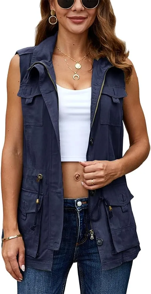 Koodred Women's Casual Military Utility Vest Lightweight Sleeveless Drawstring Jackets with Pockets