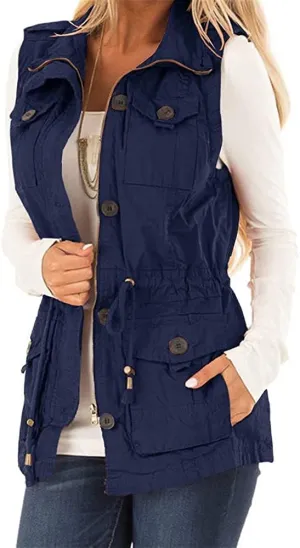 Koodred Women's Casual Military Utility Vest Lightweight Sleeveless Drawstring Jackets with Pockets