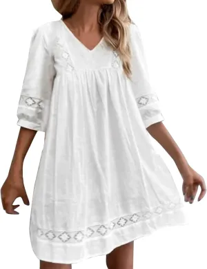 Lace Tshirt Dresses for Women V Neck Short Sleeve 2025 Vacation Sun Dresses Beach Color Block T-Shirt Dress Summer