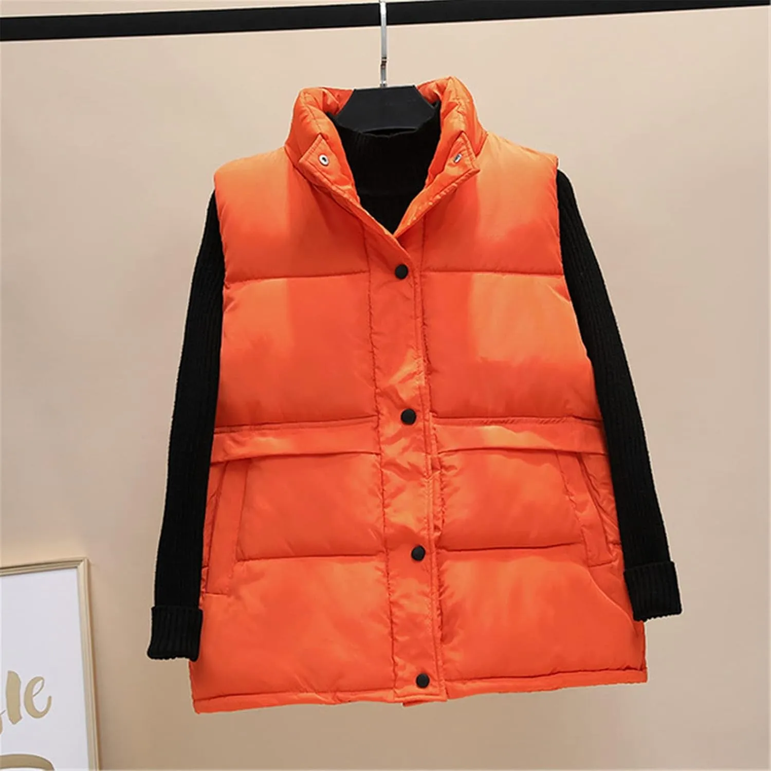 Ladies Short Quilted Vest Light Cotton Down Vest Winter Loose Waistcoat Sleeveless Coat Padded Quilted Vest Outdoor Windproof Warm Waistcoat,Orange,M