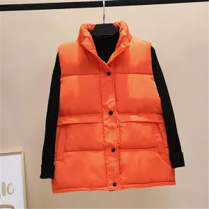 Ladies Short Quilted Vest Light Cotton Down Vest Winter Loose Waistcoat Sleeveless Coat Padded Quilted Vest Outdoor Windproof Warm Waistcoat,Orange,M