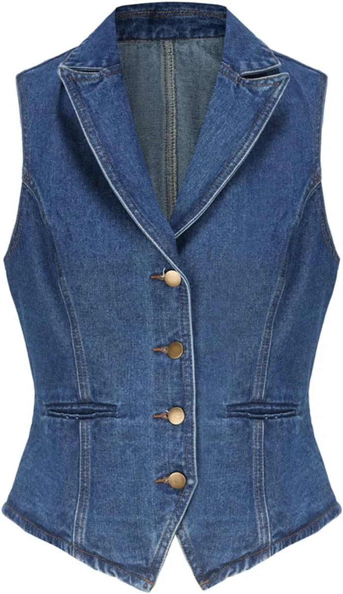 Ladyful Lapel Denim Vest for Women Sleeveless Business Work Jean Waistcoat Vest