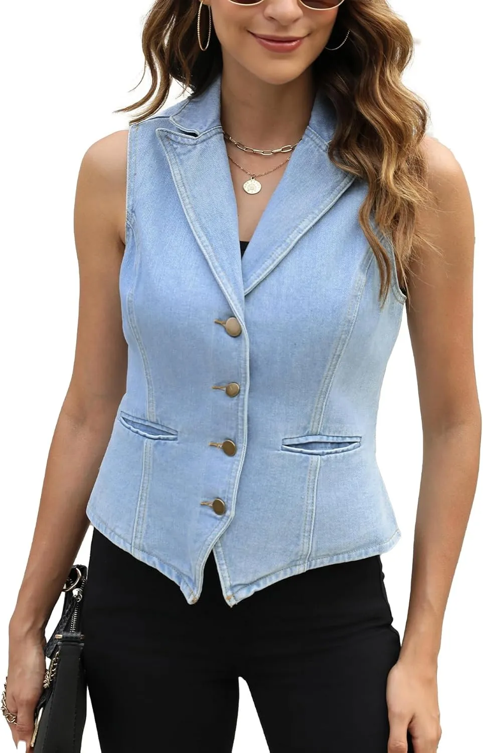 Ladyful Lapel Denim Vest for Women Sleeveless Business Work Jean Waistcoat Vest