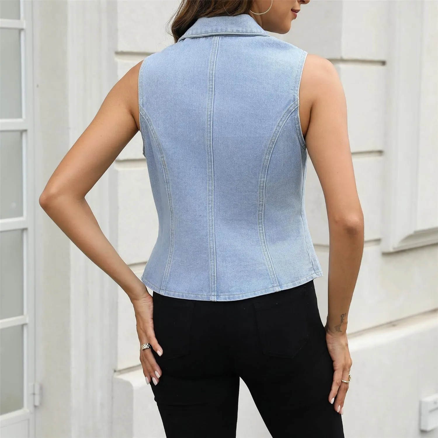 Ladyful Lapel Denim Vest for Women Sleeveless Business Work Jean Waistcoat Vest