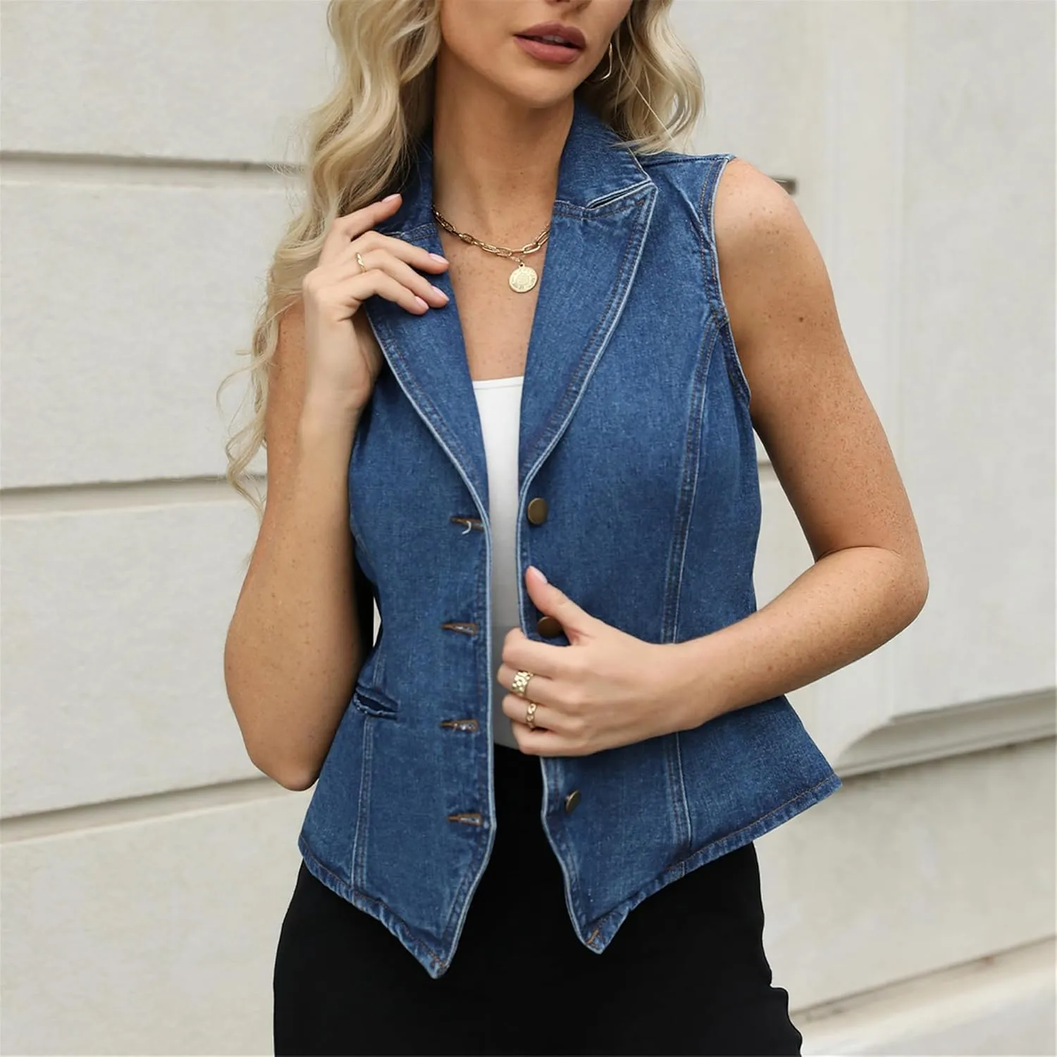 Ladyful Lapel Denim Vest for Women Sleeveless Business Work Jean Waistcoat Vest