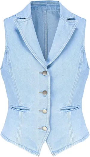 Ladyful Lapel Denim Vest for Women Sleeveless Business Work Jean Waistcoat Vest