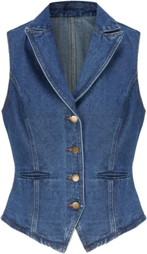 Ladyful Lapel Denim Vest for Women Sleeveless Business Work Jean Waistcoat Vest