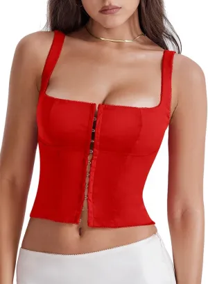 LAGSHIAN Women's Sleeveless Square Neck Double Layer Crop Top Central Single Row Clasp Trendy Tank Top