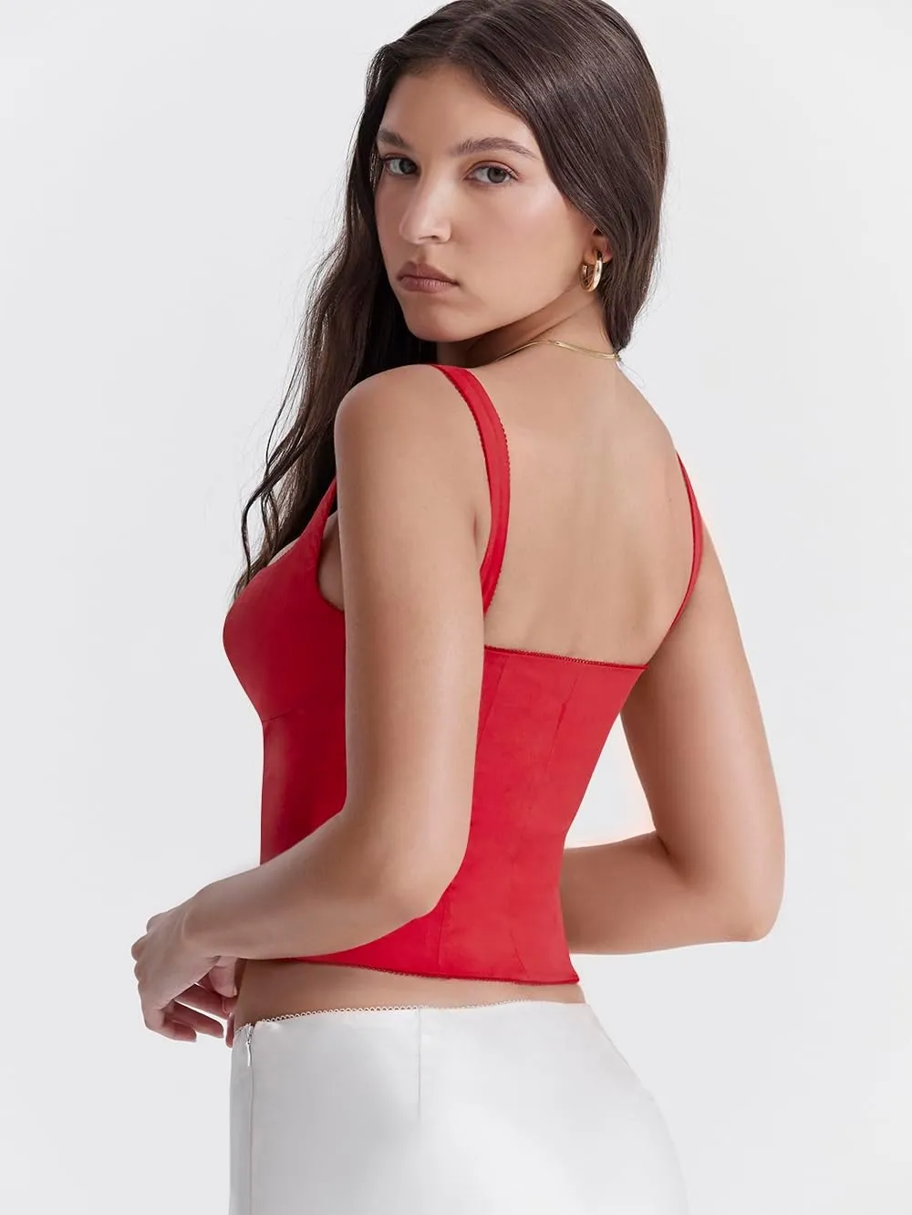 LAGSHIAN Women's Sleeveless Square Neck Double Layer Crop Top Central Single Row Clasp Trendy Tank Top
