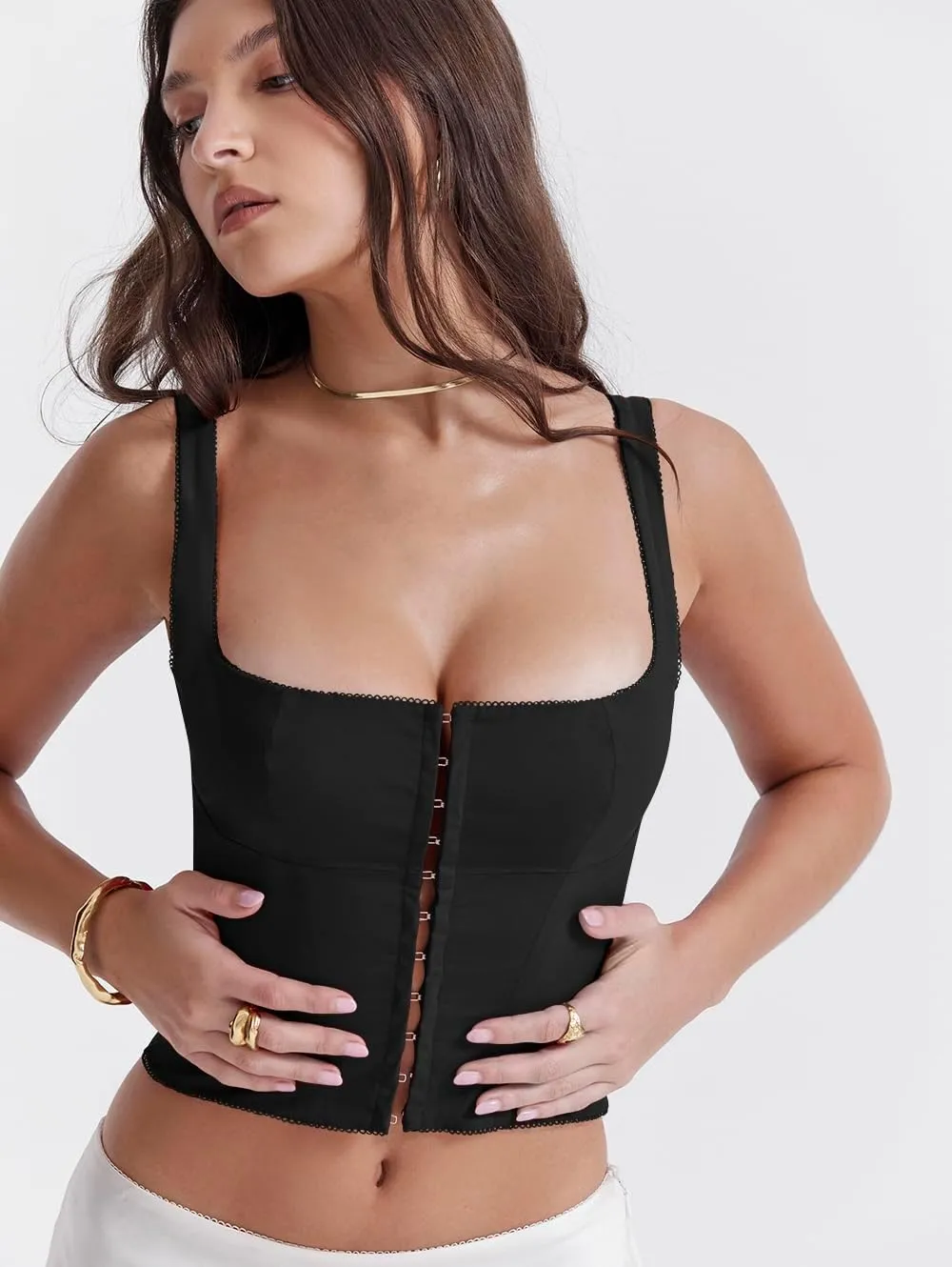 LAGSHIAN Women's Sleeveless Square Neck Double Layer Crop Top Central Single Row Clasp Trendy Tank Top