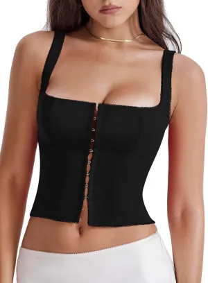 LAGSHIAN Women's Sleeveless Square Neck Double Layer Crop Top Central Single Row Clasp Trendy Tank Top