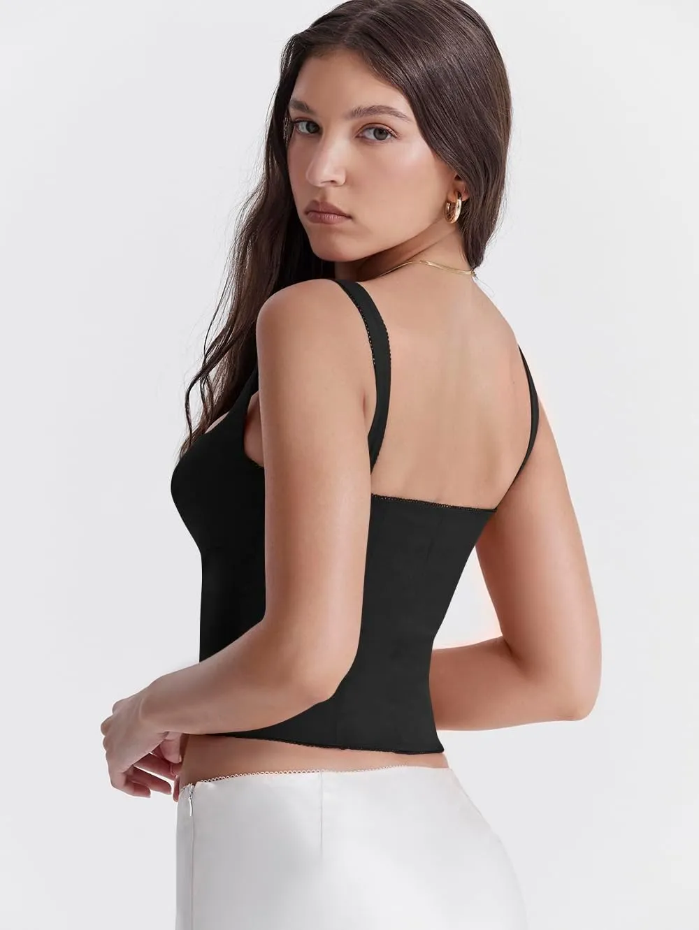 LAGSHIAN Women's Sleeveless Square Neck Double Layer Crop Top Central Single Row Clasp Trendy Tank Top