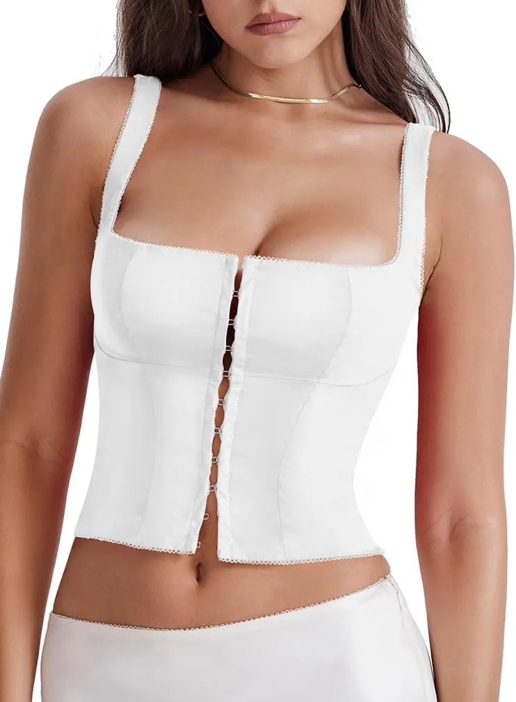 LAGSHIAN Women's Sleeveless Square Neck Double Layer Crop Top Central Single Row Clasp Trendy Tank Top