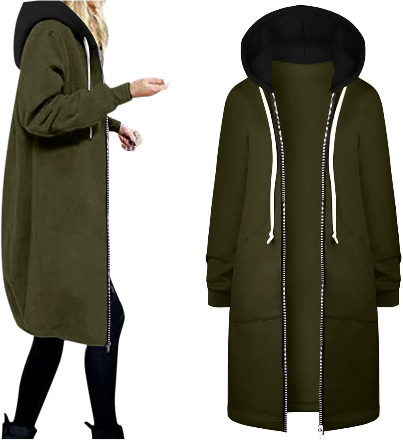 Lapel Collar Zipper Hoodies Sweatshirt Warm Long Solid Color Pocket Coat Jacket Causal Fashion Single-Breasted