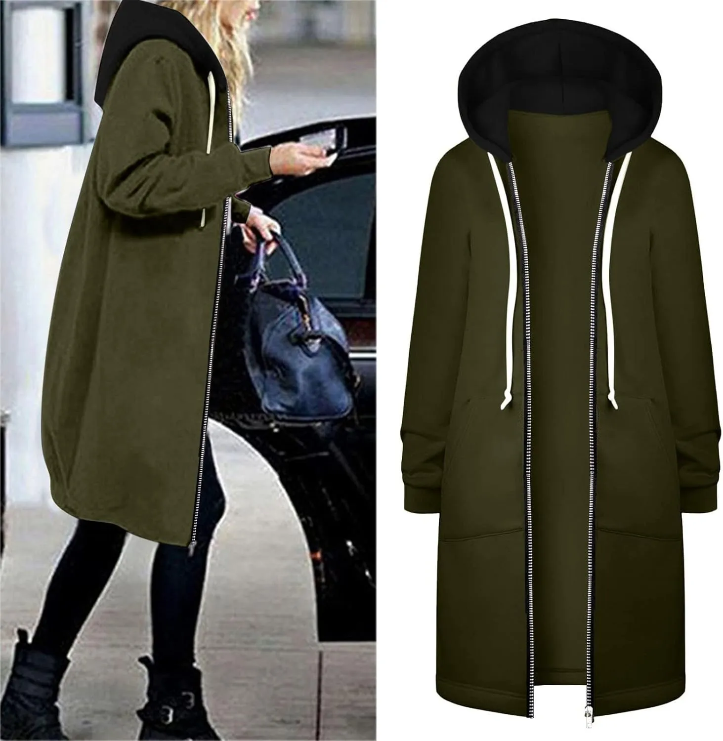 Lapel Collar Zipper Hoodies Sweatshirt Warm Long Solid Color Pocket Coat Jacket Causal Fashion Single-Breasted