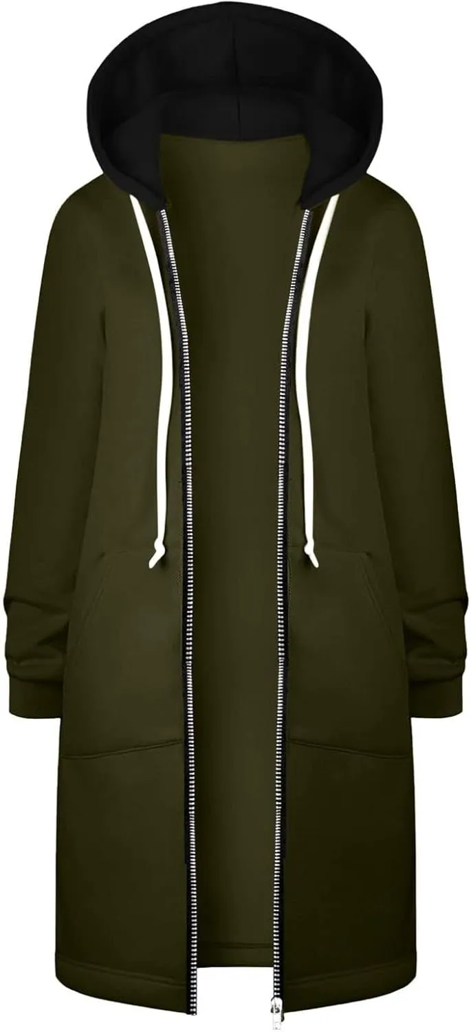 Lapel Collar Zipper Hoodies Sweatshirt Warm Long Solid Color Pocket Coat Jacket Causal Fashion Single-Breasted