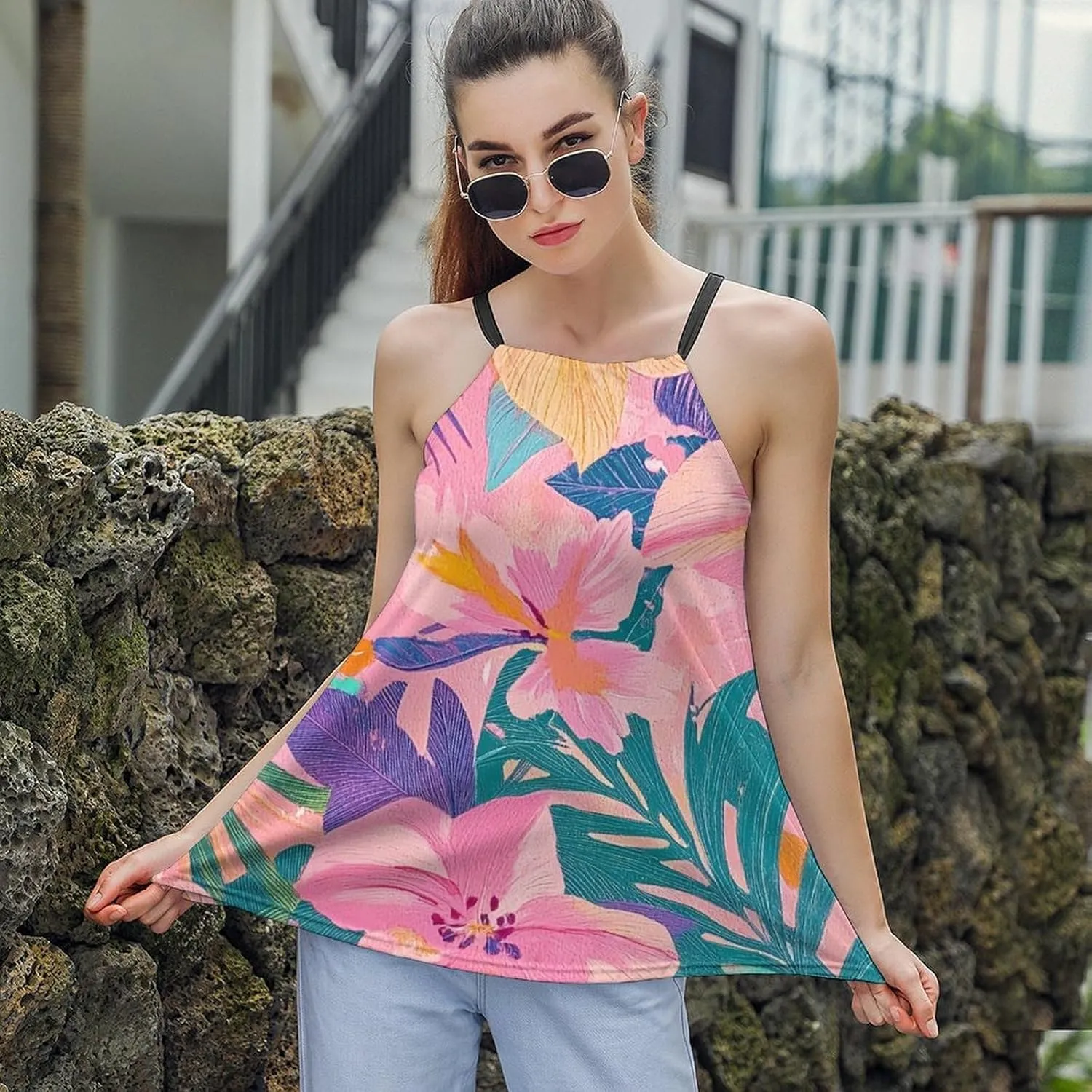 Leaf Print Women's Tank Top Sleeveless Spaghetti Strap Loose Casual Top Summer Beach Vacation Outfits Flowy Camisole