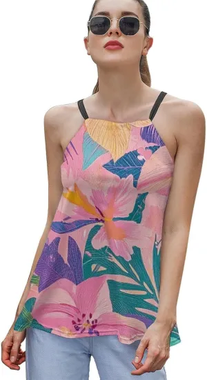 Leaf Print Women's Tank Top Sleeveless Spaghetti Strap Loose Casual Top Summer Beach Vacation Outfits Flowy Camisole
