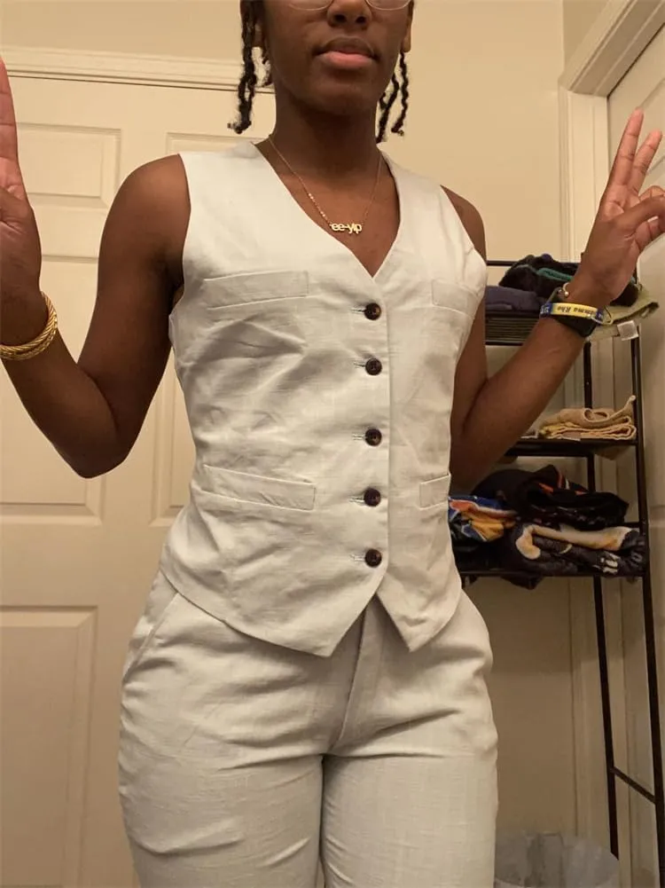Linen Women Suits 2 Pcs Summer Waistcoat Vest and Pants Outfits Wedding Tuxedos Party Wear Suits