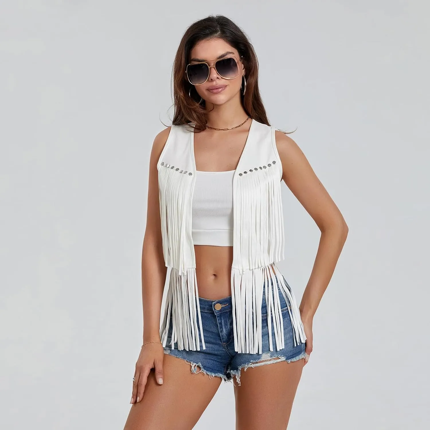 lisenraIn Women Western Fringe Vest 70s Cowgirl Hippie Tassel Sleeveless Outerwear Vest Cute Country Concert Outfit
