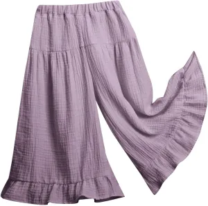 Little Girls Palazzo Pants Flowy Wide Leg Cotton Linen Pants Kids Toddler Baby Elastic Waist Loose Ruffled Trousers