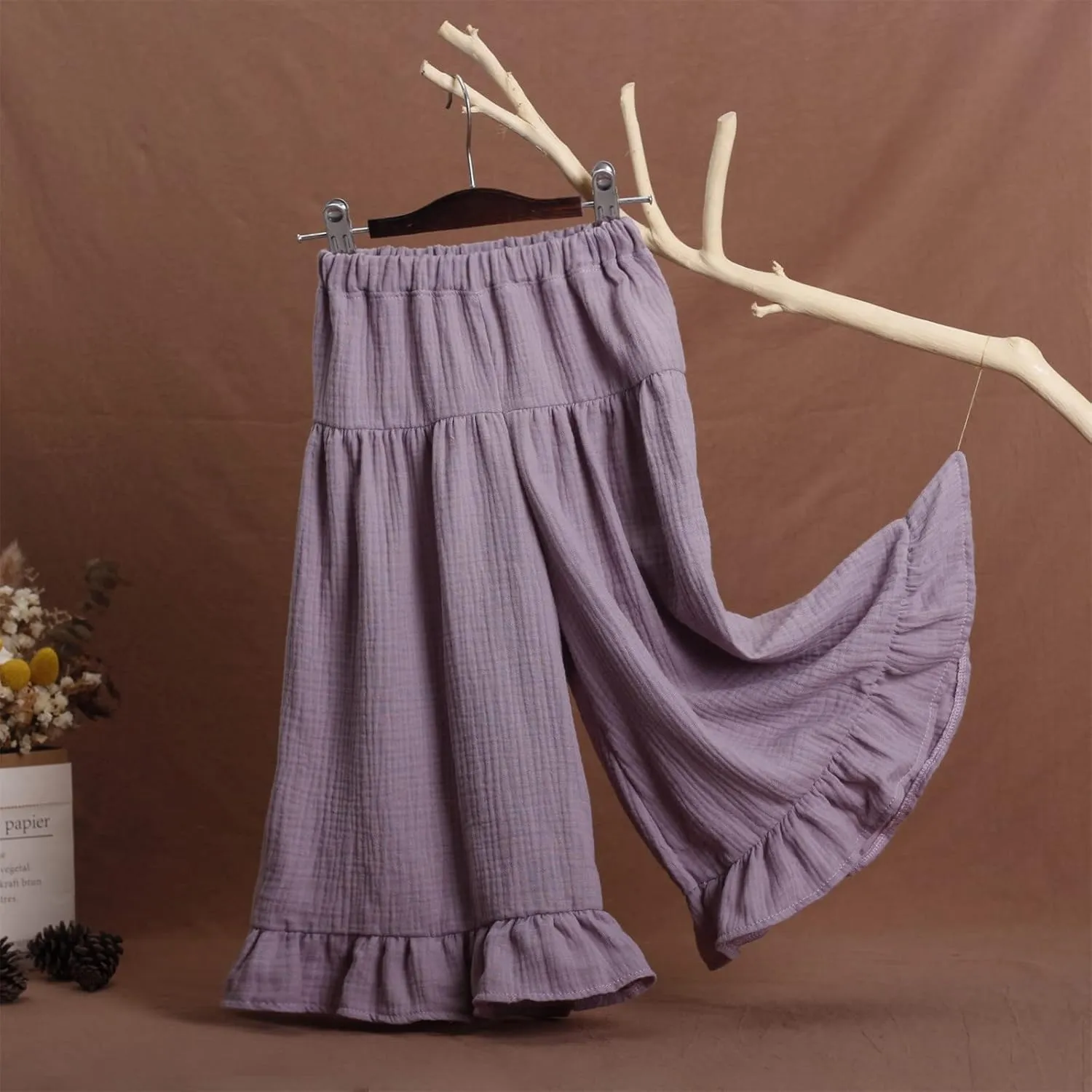 Little Girls Palazzo Pants Flowy Wide Leg Cotton Linen Pants Kids Toddler Baby Elastic Waist Loose Ruffled Trousers