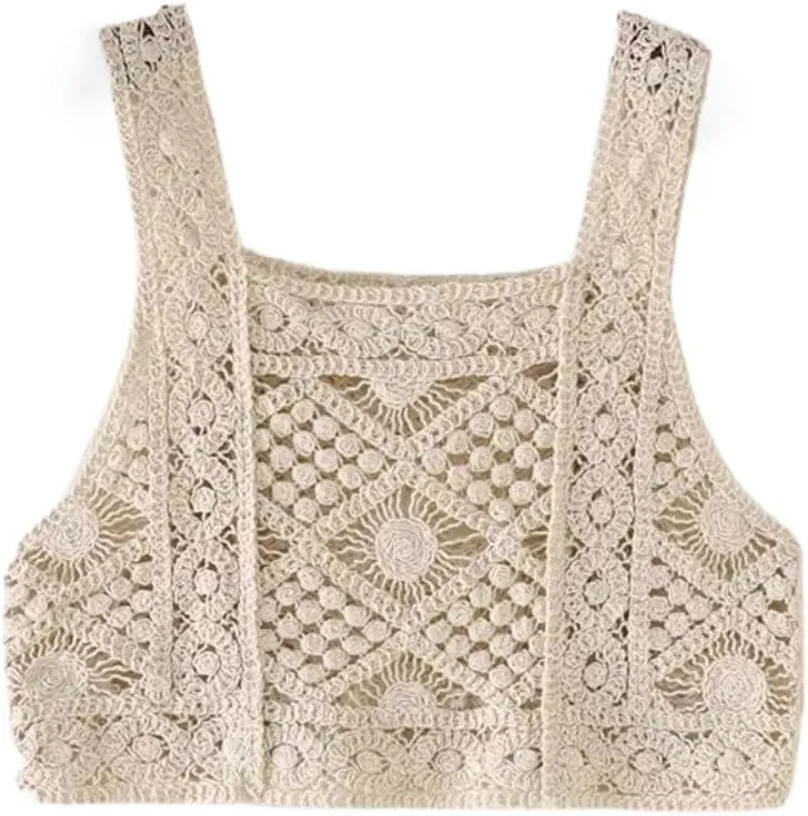 LIXINGHEITANG Bohemian Style Cotton Knitted Camisole Womens Travel Vacation Crochet wear Blouse