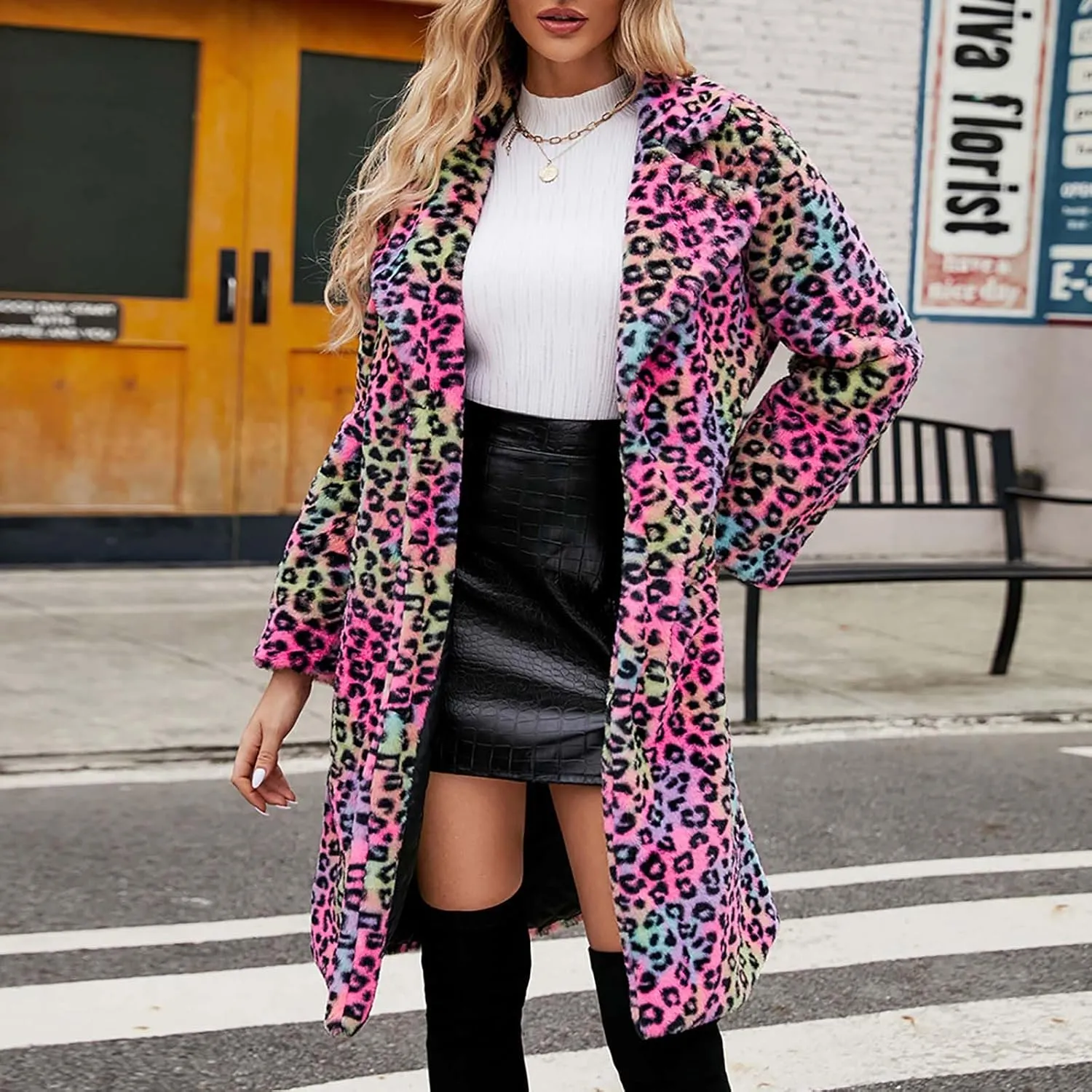 Lmdudan 2023 Winter Faux Fur Coat for Women Leopard Print Fleece Long Jacket Retro Lapel Warm Overcoat Plus Size Trench Coats