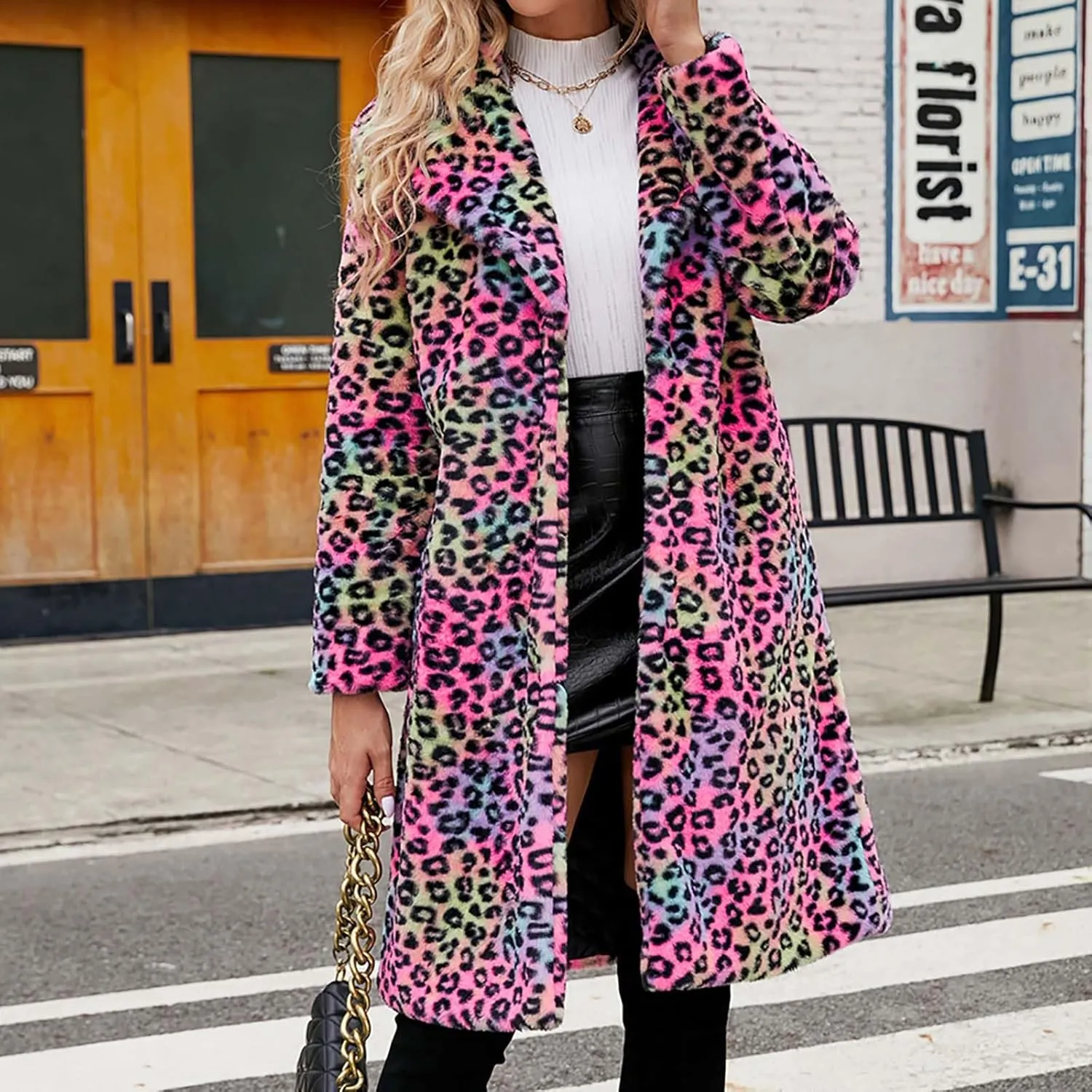 Lmdudan 2023 Winter Faux Fur Coat for Women Leopard Print Fleece Long Jacket Retro Lapel Warm Overcoat Plus Size Trench Coats