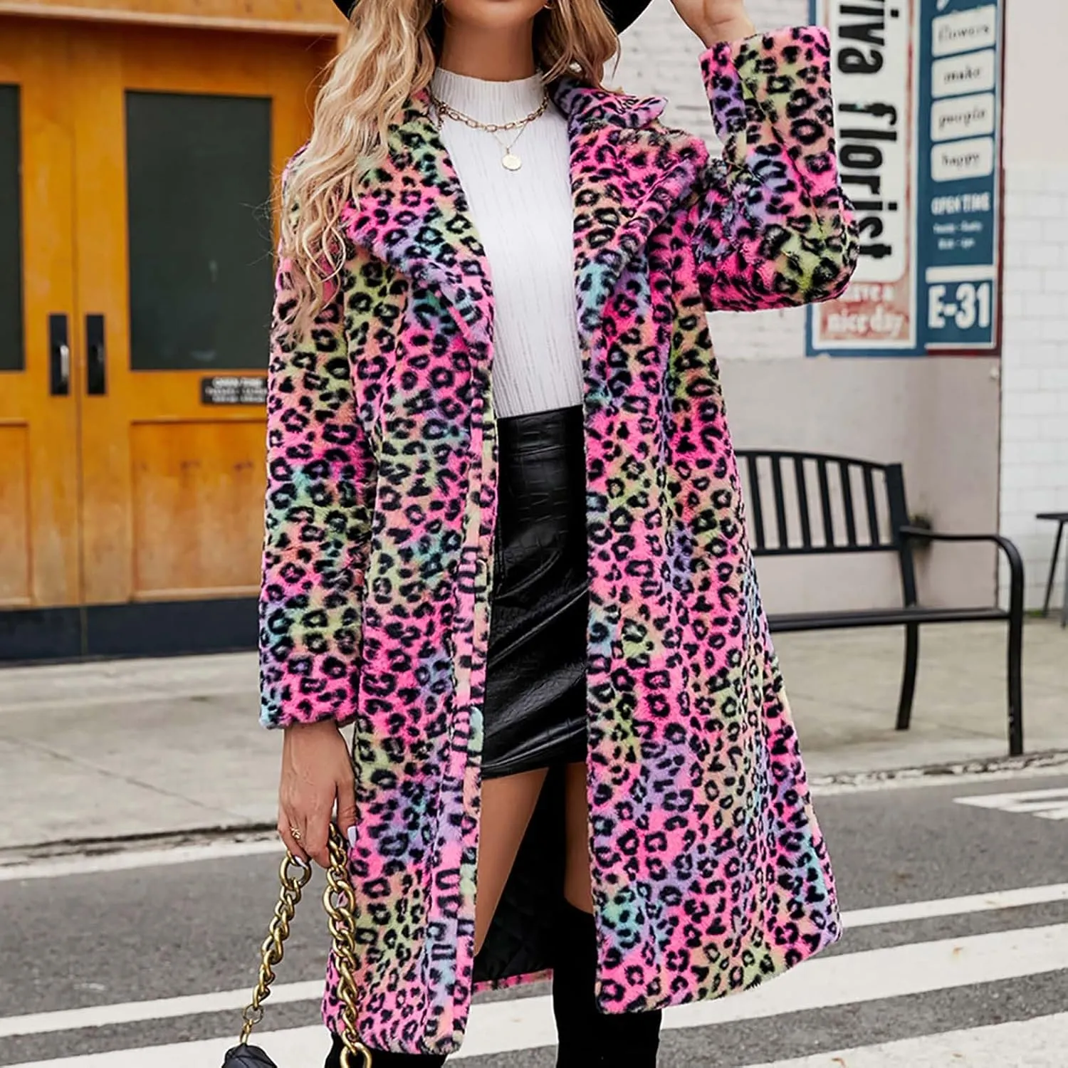 Lmdudan 2023 Winter Faux Fur Coat for Women Leopard Print Fleece Long Jacket Retro Lapel Warm Overcoat Plus Size Trench Coats