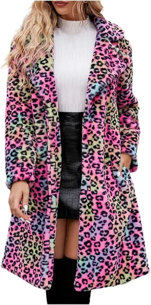 Lmdudan 2023 Winter Faux Fur Coat for Women Leopard Print Fleece Long Jacket Retro Lapel Warm Overcoat Plus Size Trench Coats