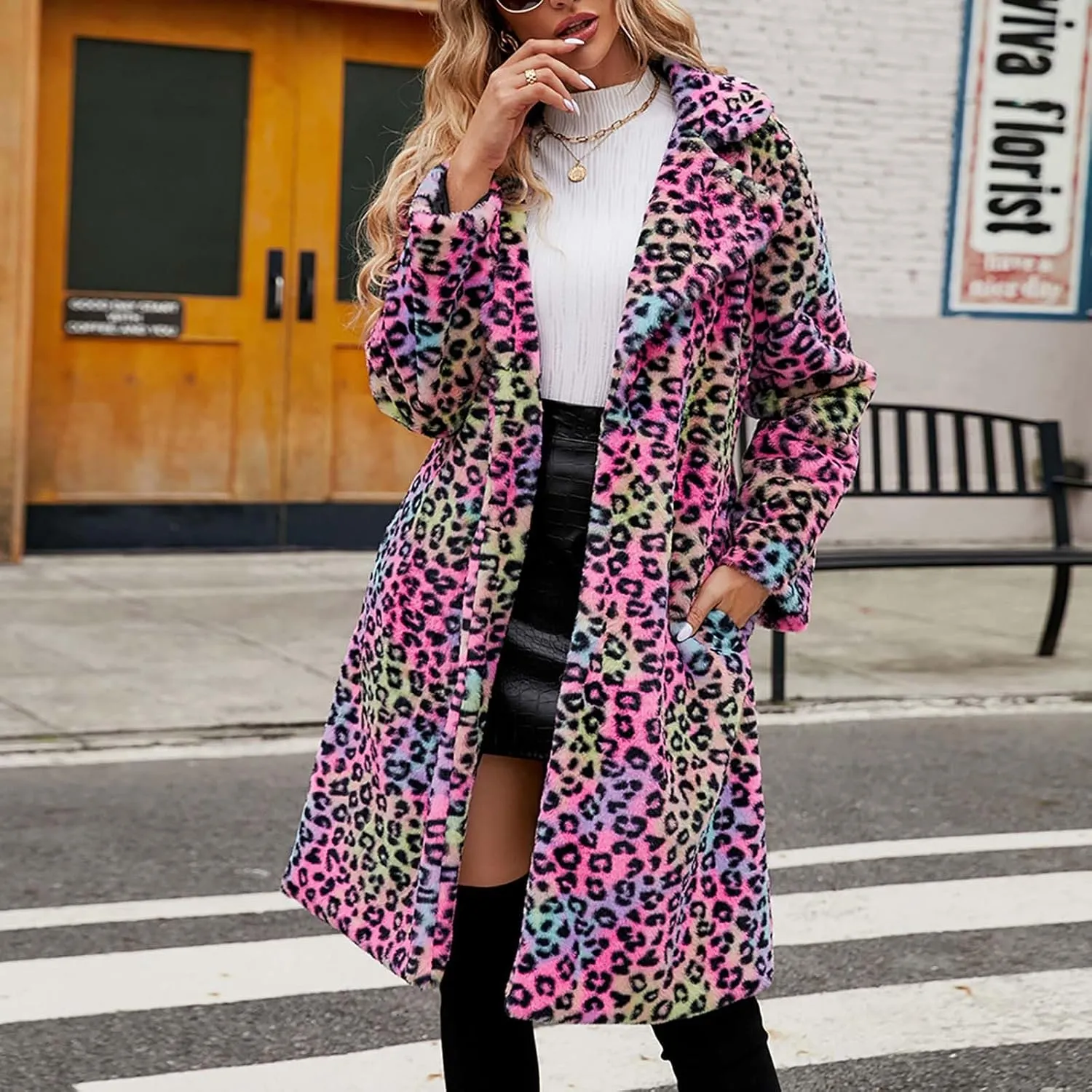 Lmdudan 2023 Winter Faux Fur Coat for Women Leopard Print Fleece Long Jacket Retro Lapel Warm Overcoat Plus Size Trench Coats