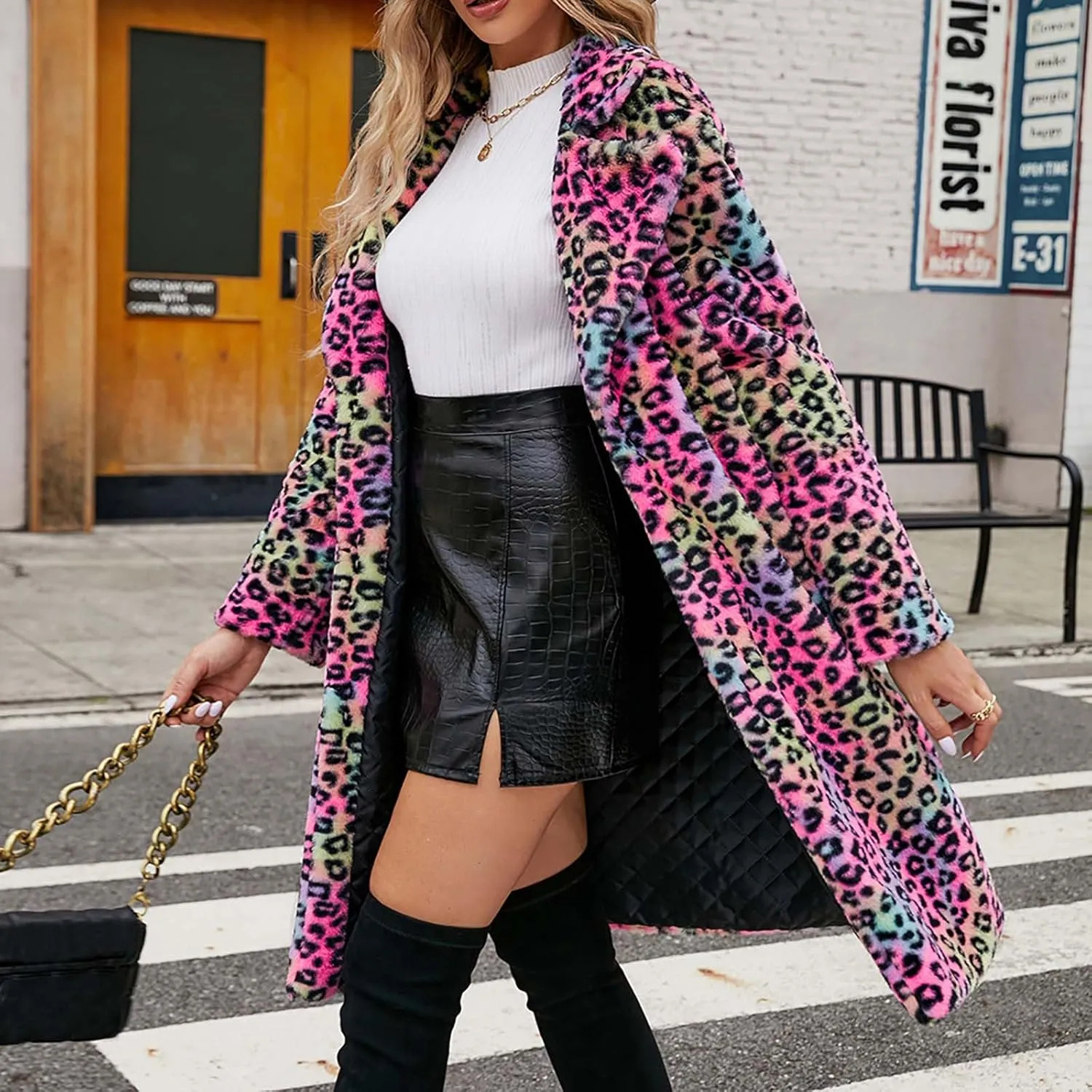 Lmdudan 2023 Winter Faux Fur Coat for Women Leopard Print Fleece Long Jacket Retro Lapel Warm Overcoat Plus Size Trench Coats