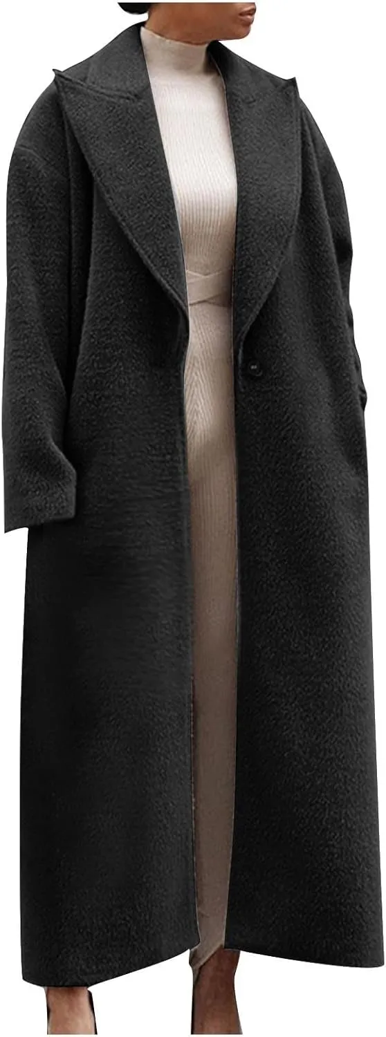 Long Jackets for Women Single Breasted Wool Pea Trench Coats Open Front Knitted Sweater Classic Lapel Solid Overcoat