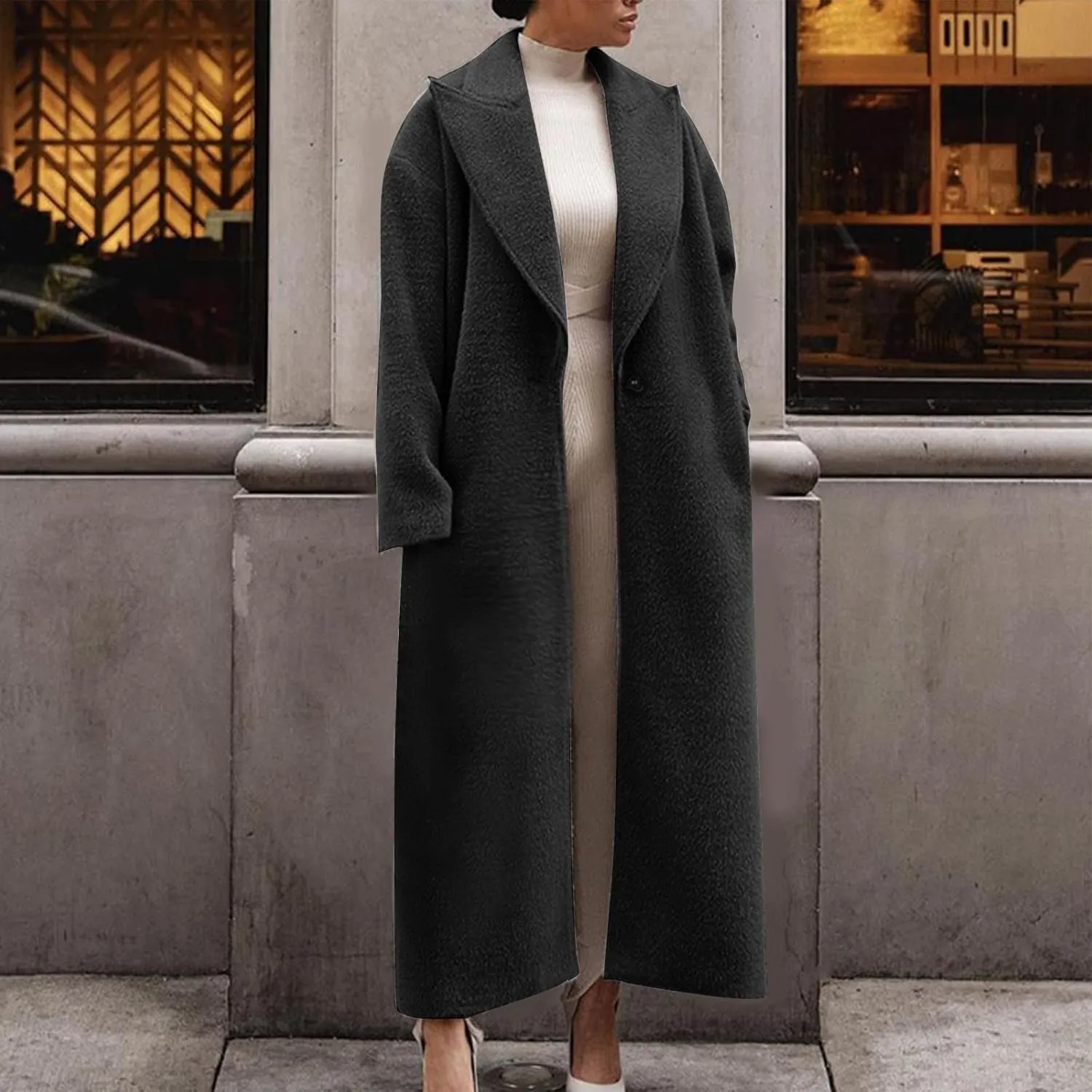 Long Jackets for Women Single Breasted Wool Pea Trench Coats Open Front Knitted Sweater Classic Lapel Solid Overcoat