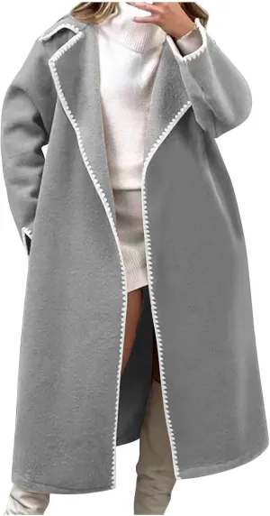Long Trench Coats for Women Casual Winter Notched Lapel Open Front Pea Coat Wool Blend Comfy Over Coats With Pockets