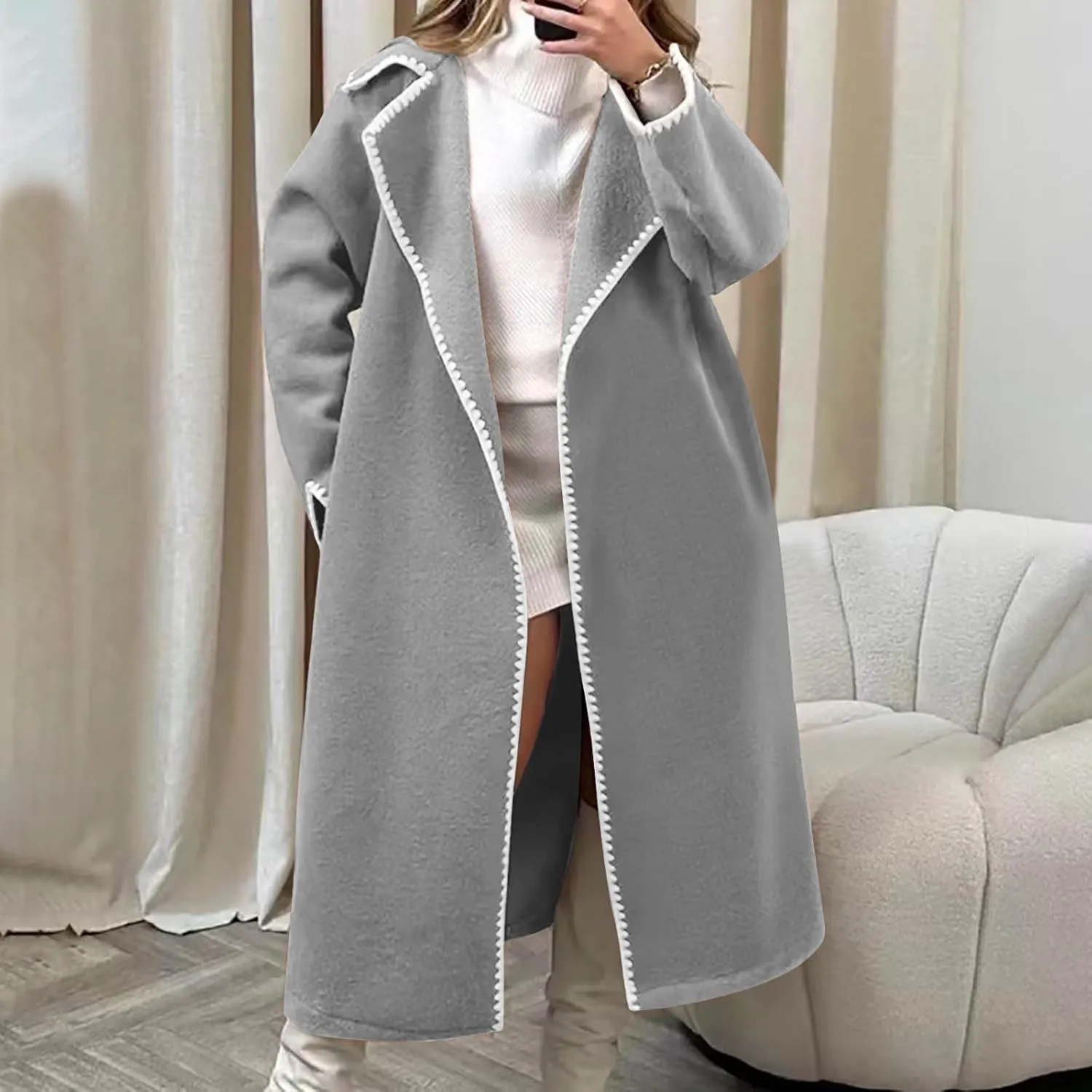 Long Trench Coats for Women Casual Winter Notched Lapel Open Front Pea Coat Wool Blend Comfy Over Coats With Pockets