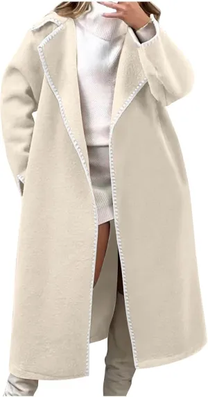 Long Trench Coats for Women Casual Winter Notched Lapel Open Front Pea Coat Wool Blend Comfy Over Coats With Pockets