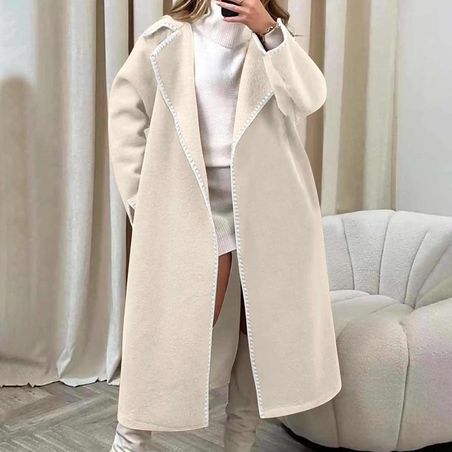 Long Trench Coats for Women Casual Winter Notched Lapel Open Front Pea Coat Wool Blend Comfy Over Coats With Pockets