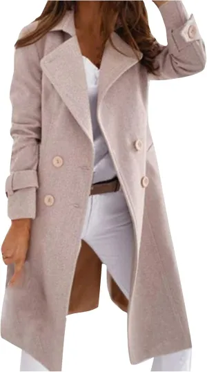 Long Winter Coats for Women Casual Notched Lapel Singe-Breasted Pea Coat Wool Blend Trench Coat With Pockets