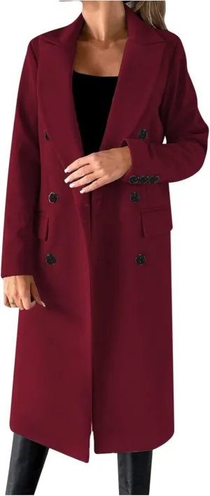 Long Winter Coats for Women Double-Breasted Classic Lapel Outerwear Casual Trench Coat Windbreaker Solid Jackets