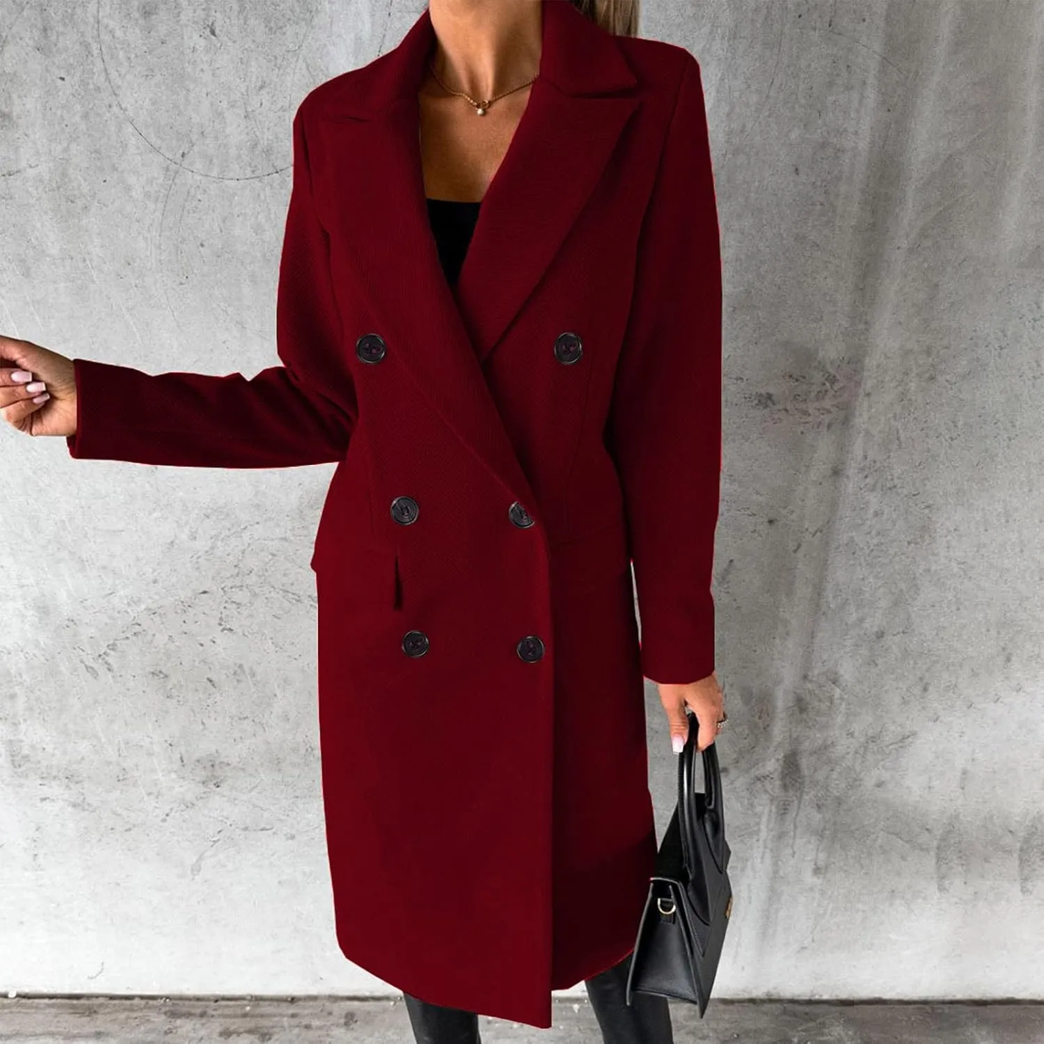 Long Winter Coats for Women Double-Breasted Classic Lapel Outerwear Casual Trench Coat Windbreaker Solid Jackets