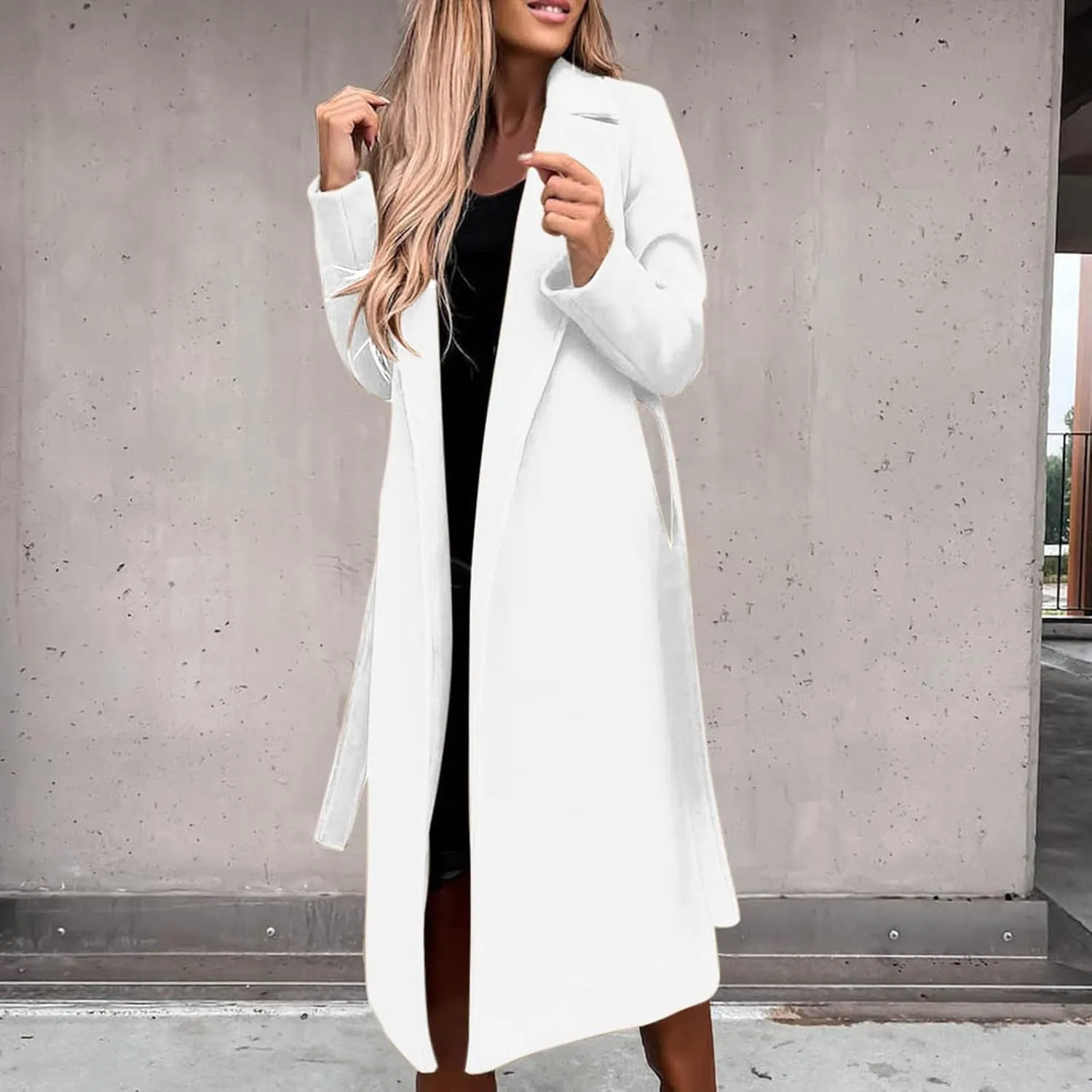 Long Wool Coats for Women Trendy Notched Collar Open Front Trench Coat Woolen Blend Warm Fall Winter Jacket Outwear