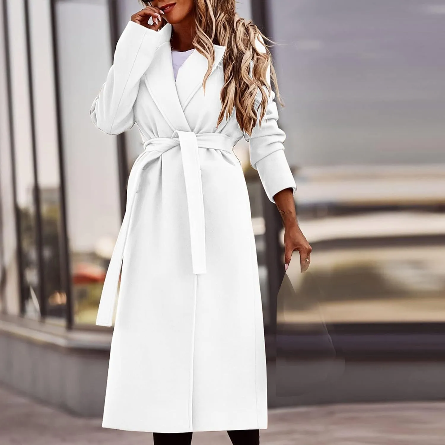 Long Wool Coats for Women Trendy Notched Collar Open Front Trench Coat Woolen Blend Warm Fall Winter Jacket Outwear