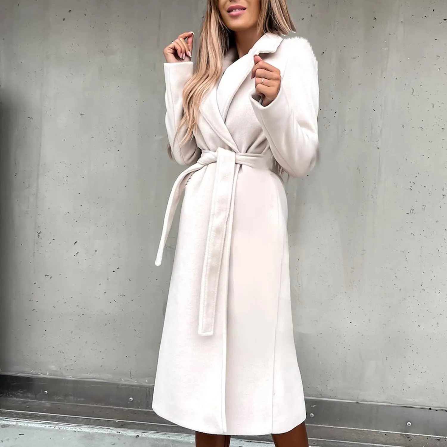 Long Wool Coats for Women Trendy Notched Collar Open Front Trench Coat Woolen Blend Warm Fall Winter Jacket Outwear