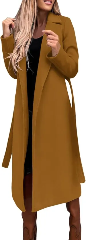 Long Wool Coats for Women Trendy Notched Collar Open Front Trench Coat Woolen Blend Warm Fall Winter Jacket Outwear